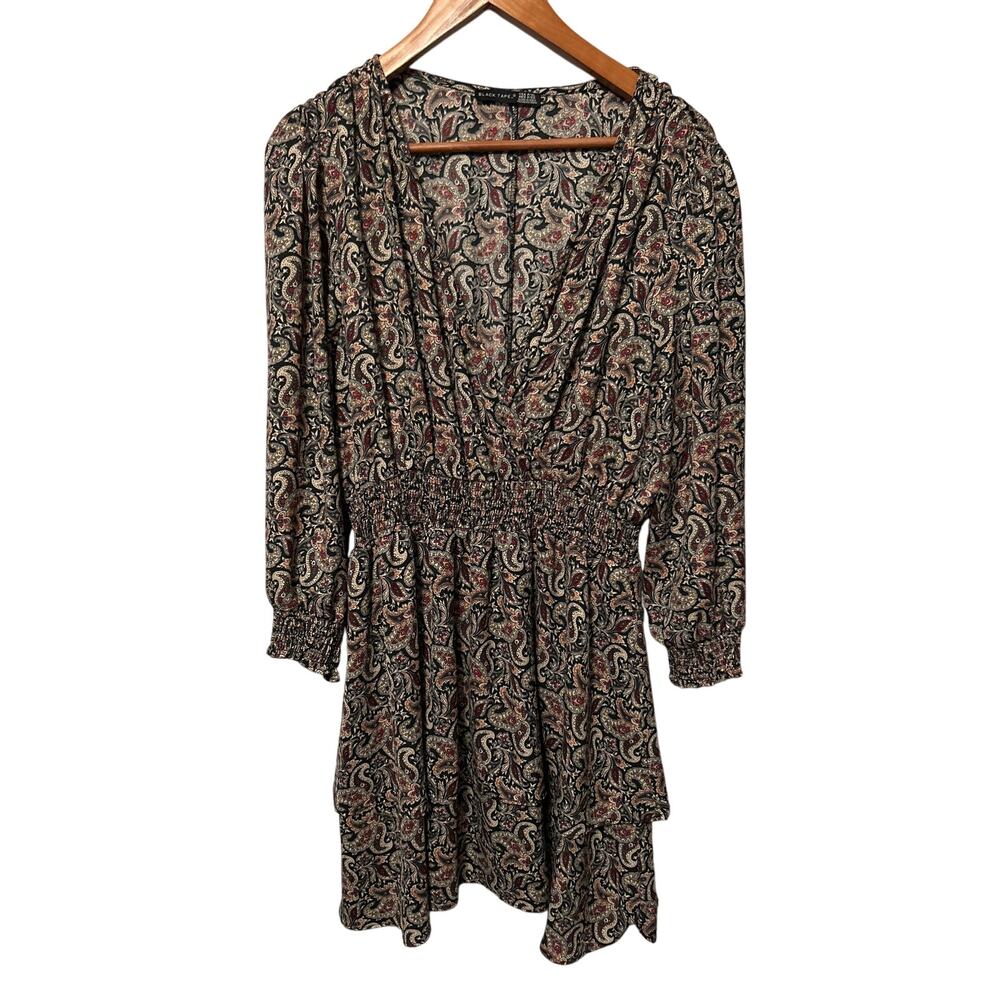 Black Tape_‎  Black Paisley Smocked Waist Fit & Flare Long Sleeve Dress SZ PXL